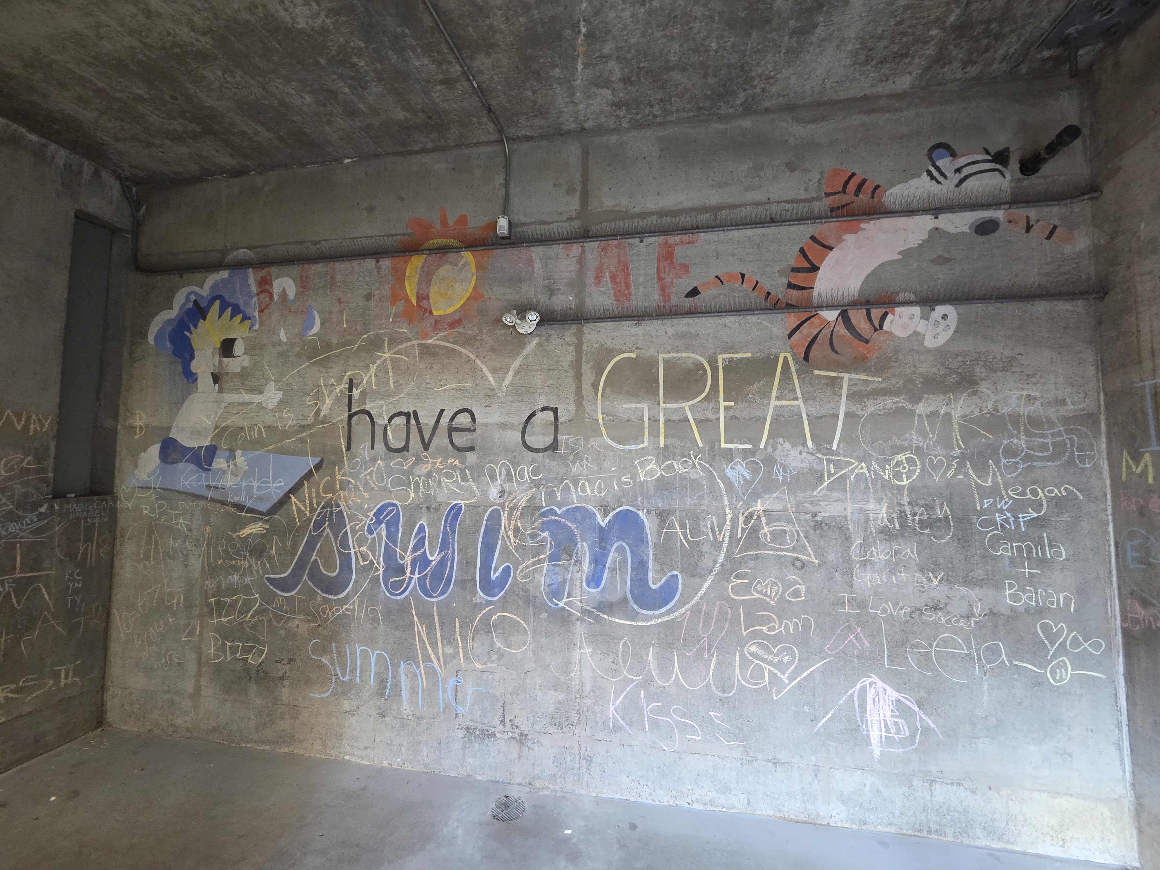 A graffiti-covered wall in a dimly lit space featuring colorful drawings, including a sun and a character in water, with various names and messages written in chalk, such as 'have a GREAT swim'.