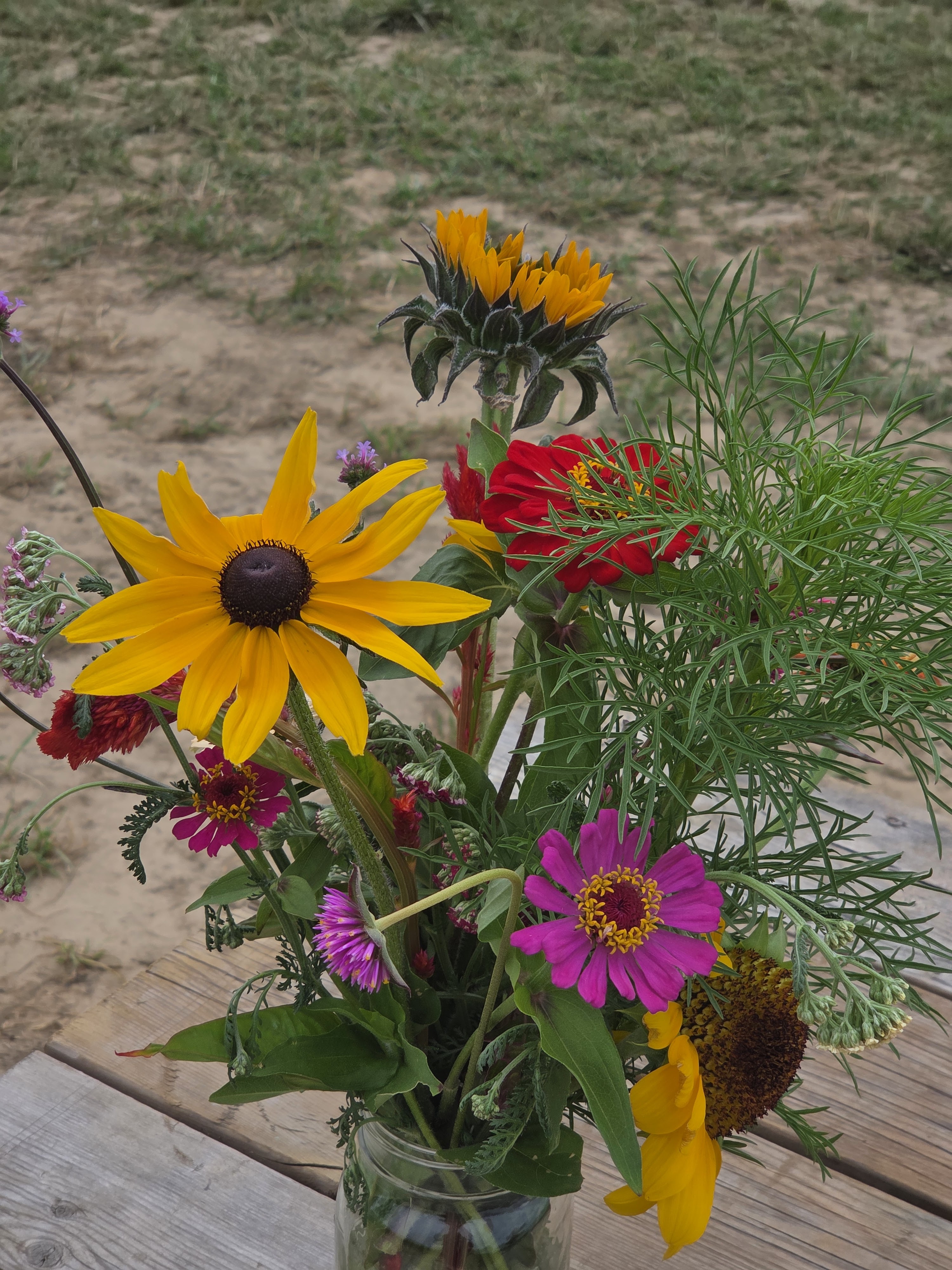 A vibrant bouquet featuring sunflowers, zinnias, and various green foliage in a glass jar set on a wooden surface, with a background of grass and dirt.